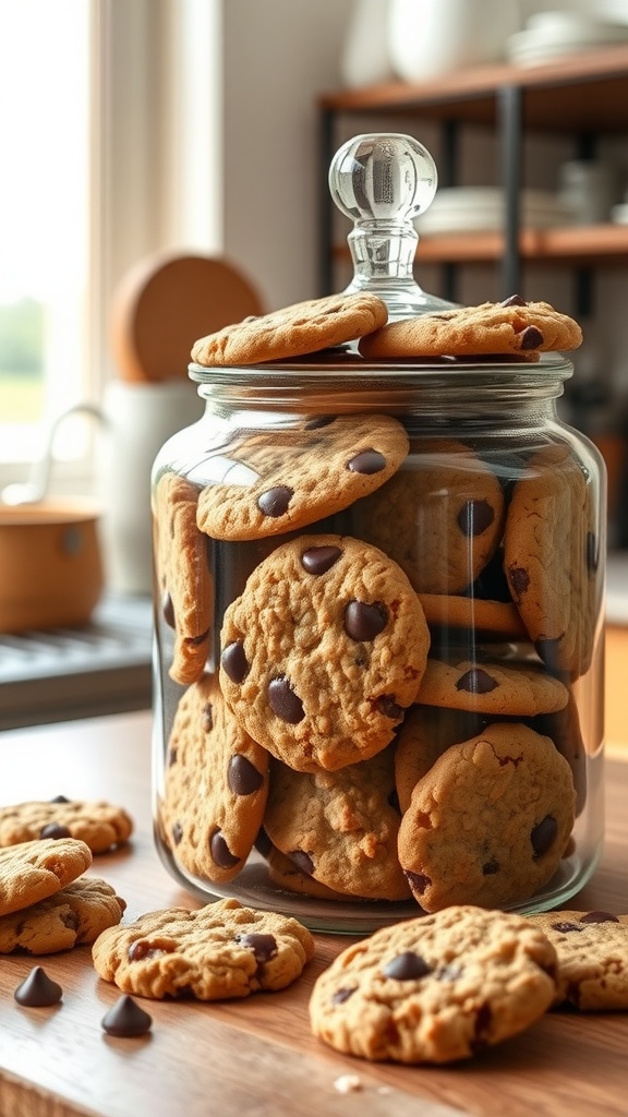 A cozy cookie jar filled with assorted cookies, placed on a rustic kitchen countertop.